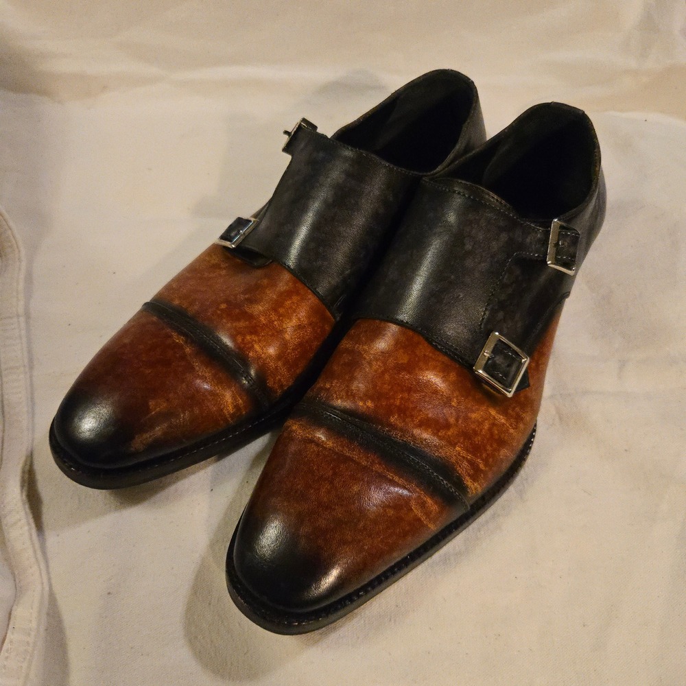 Dress Shoes Lethato Double Monk Strap Size 12 Mens Brown Black Burnished Leather